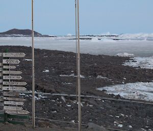 Looking through the flag poles to the sea ice south of station.