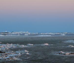 Sea ice to the south west of station. You can see open water out by the icebergs.
