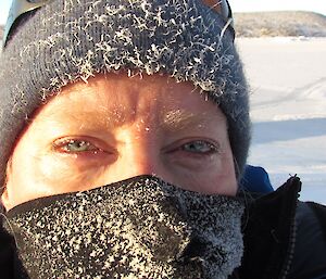 Kirsten enjoying a recreational walk in minus twenty degrees. You can see the hair on her eyelashes and eyebrows are icy, not to mention the beanie and facemask.