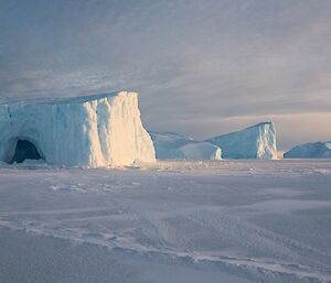 Four icebergs are seen frozen into the packice.