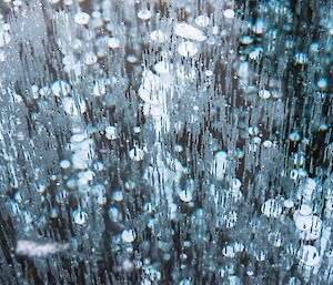 Trapped snow and bubbles in Lake Druzhby.