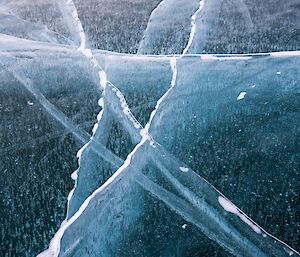 Cracks in the ice at Lake Druzhby.