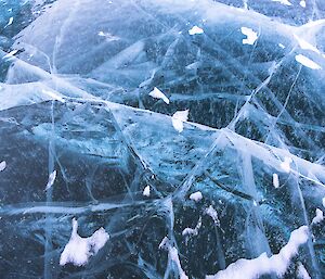 Cracks in the ice at Lake Druzhby.