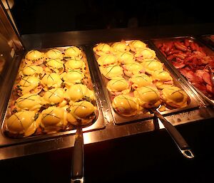 Eggs with hollandaise sauce and either salmon or ham. Bacon, our most popular food on station, is also there of course.