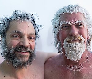 Tony and Richard with icy beards in the hot tub.