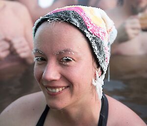 Daleen with iced eye lashes in the hot tub.