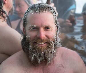 Sharky with an icy beard in the hot tub.