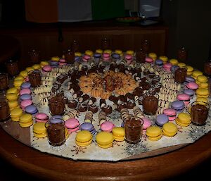 The dessert table with petite fours: macaroons, handmade chocolates and truffles, chocolate mousse and shortbread.