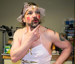 Tony in a pink tutu and awful makeup, as Cinderfella’s Farty Godmother.
