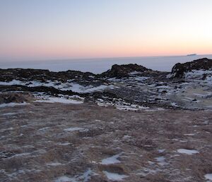 Lighter brown areas, which smell of guano, are where the Adélie penguins nest over summer.