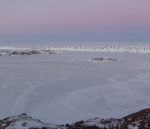 View of the Sørsdal Glacier from the highest point on Kazak Island. Note the wave pattern on the ice in front of the island. This is the new ice that formed after our last blizzard. The plain ice to the left of the waves is older and thicker.