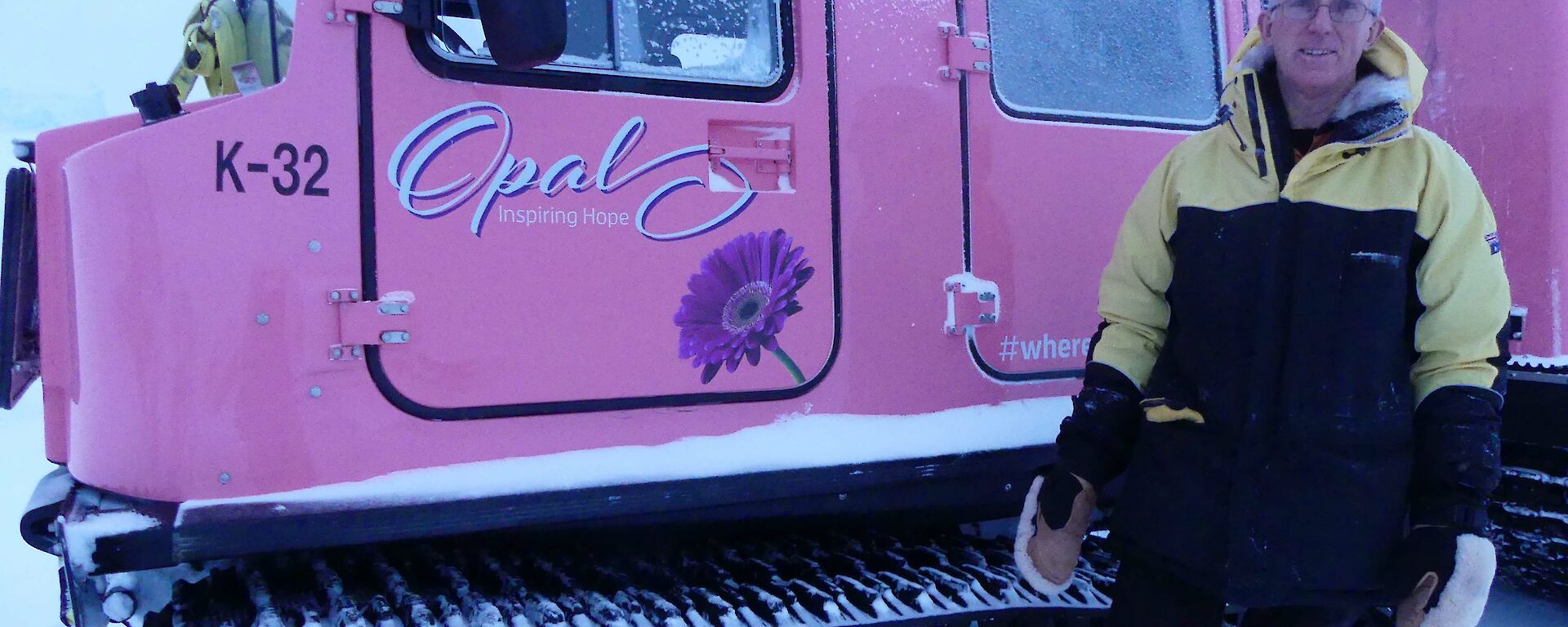 Rob standing in front of Opal, the pink Hägglands.