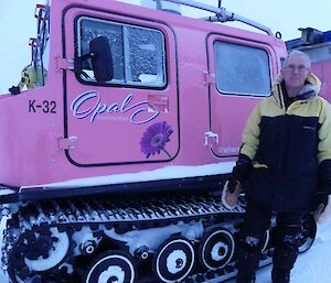 Rob standing in front of Opal, the pink Hägglands.
