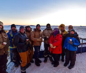 Toasting the return of the sun (L-R): Jock, Fitzy, Ralph, Sharky, Bryce, Millsy, Kerryn, Rob, Barry B1 and Kirsten.