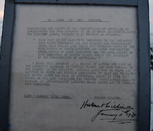 A letter from Sir Hubert Wilkins, framed and able to be seen as his cairn at Davis.