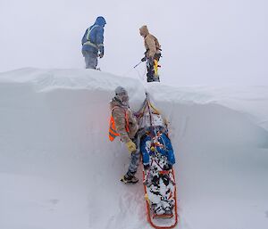 Shoey is pulling the stretcher with Kirsten in it, up a snow dune with an overhanging lip.