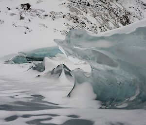 Frozen ice which looks like surf waves.