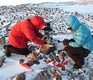 Lötter and Daleen servicing a giant petrel automated camera at Hawker Island.
