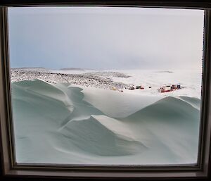 View from the top floor window — the snow dune outside the LQ.