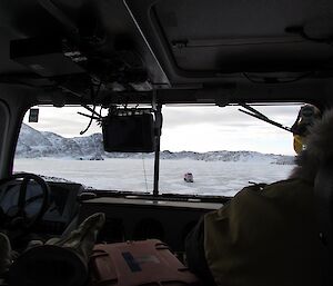 View from the back seat of a Hägg. On route to the campsite; crossing from Ellis Fjord onto Lake Druzhby.