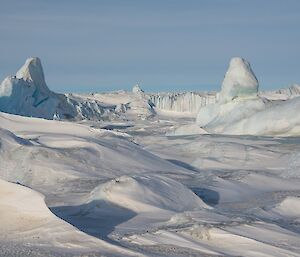 The bumpy route through rafted ice leading deeper into Crooked Fjord.