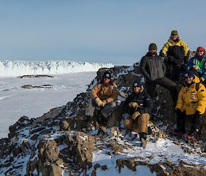 Shoey, Bryce, Marc, Richard, Barry B1 and Kerryn at Pintado Island with the Sørsdal Glacier behind them.