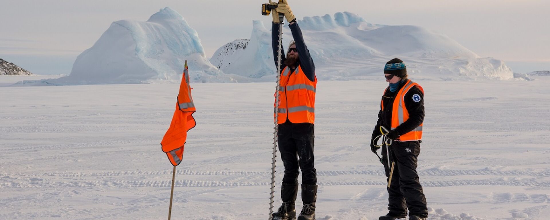 Sharky is holding a two metre long drill to take an ice core at a flagged post. Kirsten is holding the tape measure.