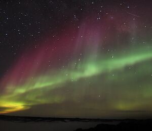 Magenta and green auroras seen at Bandit’s Hut recently.