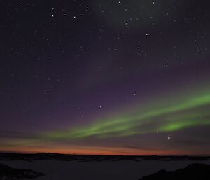 Green and magenta auroras recently seen at Bandit’s hut.
