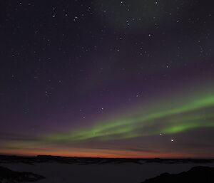 Green and magenta auroras recently seen at Bandit’s hut.