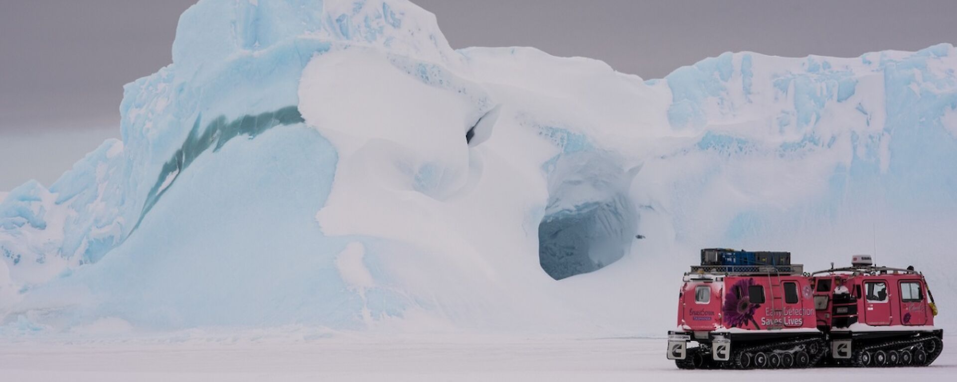 The dark grey sky and flat light bring out the pastel blues of the icebergs. This berg also has a jade stripe and a cave.