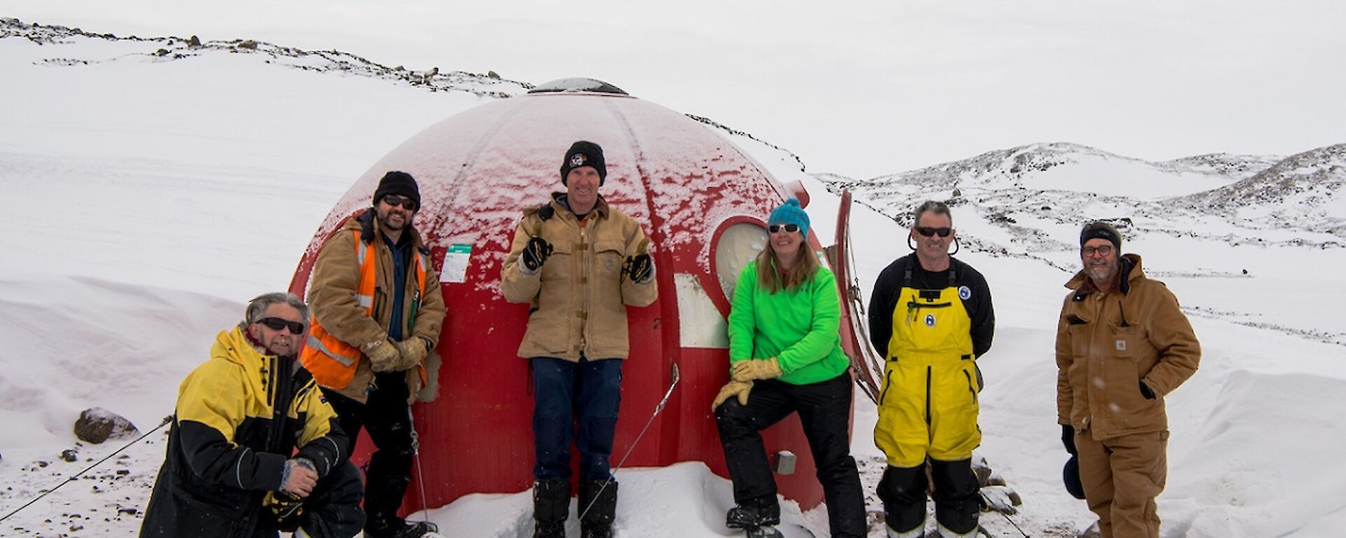 Hut maintenance Team two at Crooked Lake Apple: Rhys, Tony, Rob, Kerryn, Barry B2 and Barry B1.