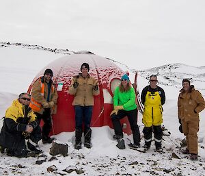 Hut maintenance Team two at Crooked Lake Apple: Rhys, Tony, Rob, Kerryn, Barry B2 and Barry B1.