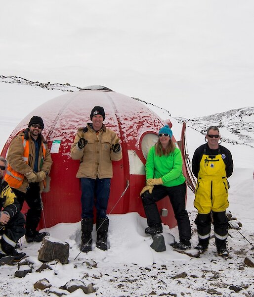 Hut maintenance Team two at Crooked Lake Apple: Rhys, Tony, Rob, Kerryn, Barry B2 and Barry B1.