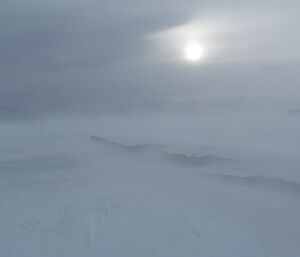 The view on the runway. The beautifully groomed runway has been destroyed by high wind and snow.