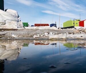 Large puddles are forming between buildings.