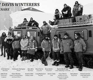 Black and white photo of people sitting on top of, and leaning back on, a tracked snow vehicle.