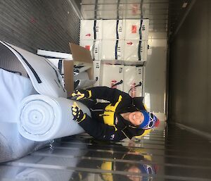 A woman packs boxes in a freezer container