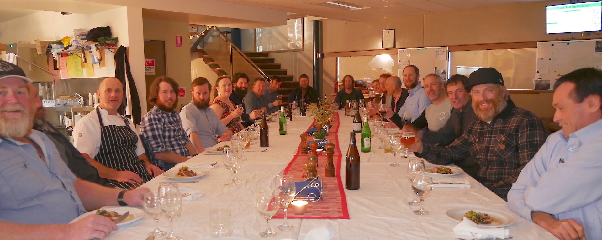 Looking down the nicely set table with 19 wintering expeditioners about to enjoy first course.