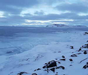 View of thin sea ice in the bay and snow-covered islands with penguins standing on sea ice in the distance.