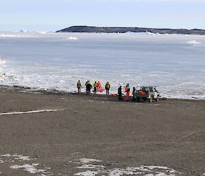 Looking down from station to the drill team on the beach with Gardner Island of in the distance.