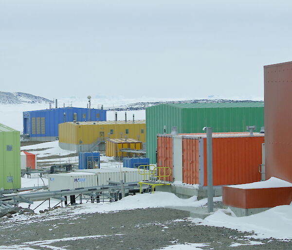 Looking across the station at some of the multi-coloured Davis buildings