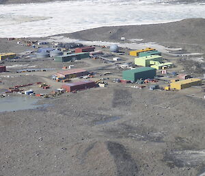 An image of Davis station taken from the air during the summer with very little snow about.