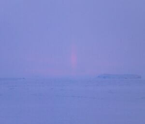 A faint pink vertical beam of light seen on the horizon, looking across the sea ice in the evening, possibly a solar pillar.