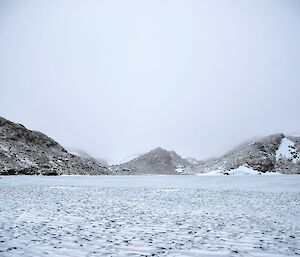 ist hangs over the hills as we hike over the sea ice to Grimmia Gorge at Boulder Hill.