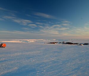 Hägglunds travelling down plateau heading towards Macey Peninsula towing RMIT van