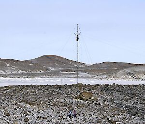 Two expeditioners on the ground looking up at the climber at the top of the mast doing the antenna repair