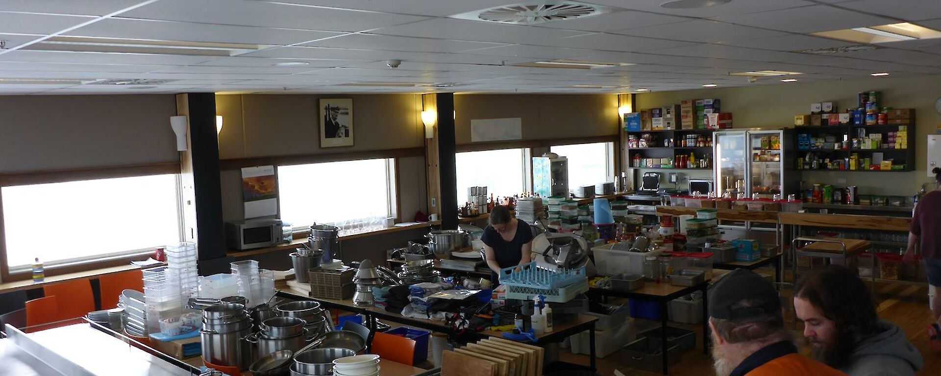 The Davis mess area, normally for expeditioners to sit and enjoy meals full of pots, pans, cooking utensils, dry food.