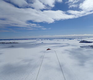 Aerial view of Aurora Australis in fast ice off Davis station