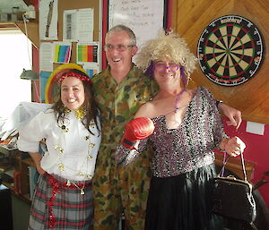 Expeditioners dressed as an angel, an army soldier and Aunty Jack